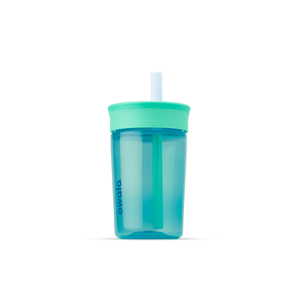 Kids' Tumbler 15oz in Blue Lagoon; translucent teal plastic body with mint green lid and white straw with teal inner straw, blue Owala logo on front