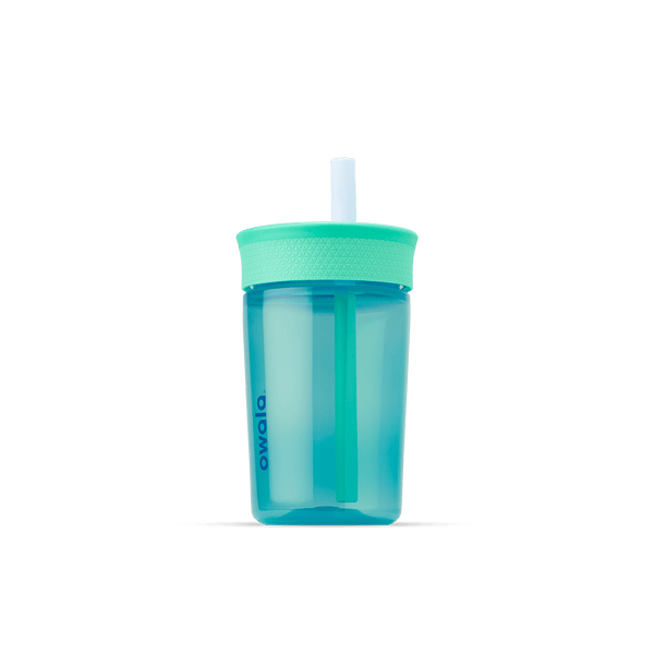 Kids' Tumbler 15oz in Blue Lagoon; translucent teal plastic body with mint green lid and white straw with teal inner straw, blue Owala logo on front