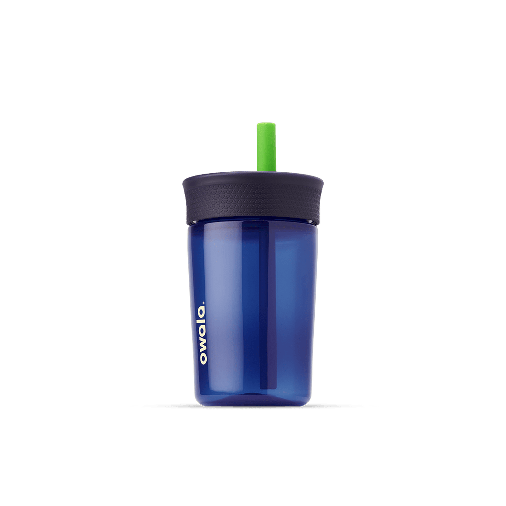 Kids' Tumbler 15oz in Home Base; translucent navy blue plastic body with dark navy lid and bright green straw, white Owala logo on front