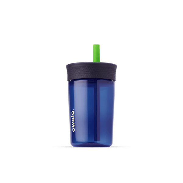 Kids' Tumbler 15oz in Home Base; translucent navy blue plastic body with dark navy lid and bright green straw, white Owala logo on front