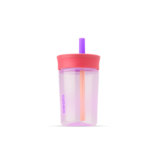 Kids' Tumbler 15oz in Lilac Rocket; translucent lavender plastic body with coral pink lid and purple straw with peach inner straw, lavender Owala logo on front