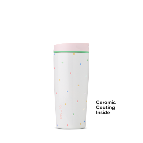 Owala Birthday Bash Give Me the Tea 20oz Tumbler in white scattered with tiny multicolor pastel stars, soft pink lid, and mint green accent ring